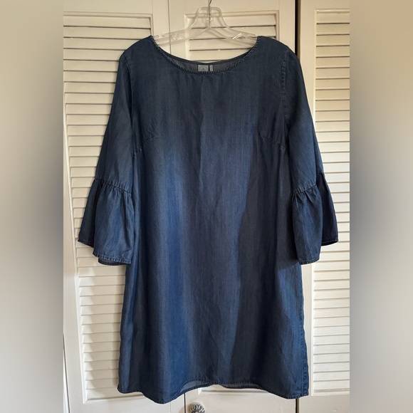 PAPER CRANE bell sleeve lyocell chambray mini Dress SIZE LARGE - Picture 1 of 5